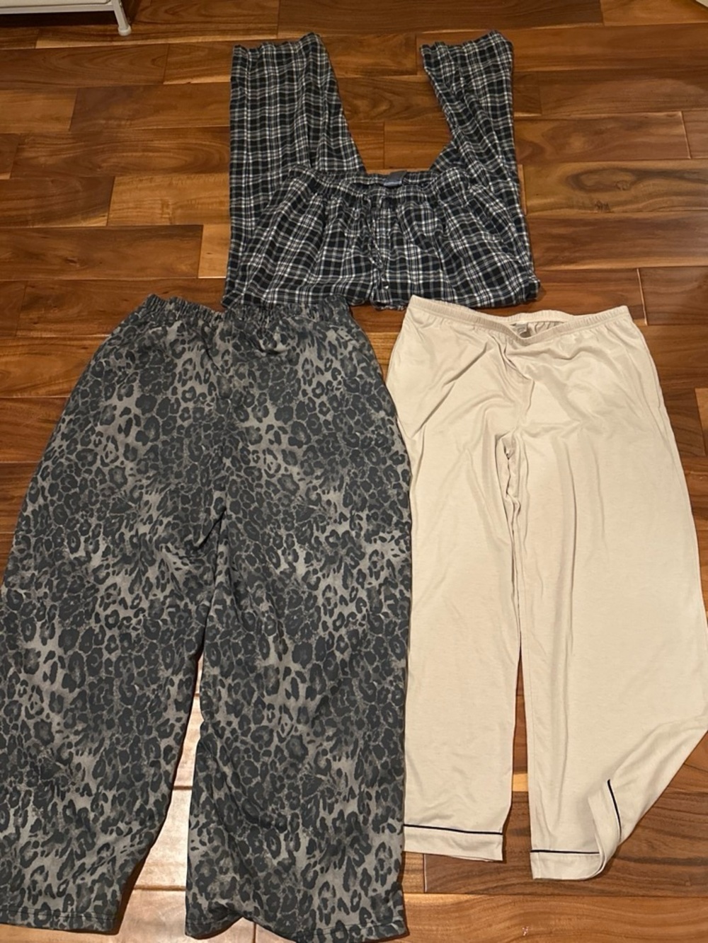 Plaid and Neutral Women's Lounge Pants Trio - Blue Plaid, Gray Leopard, Cream
